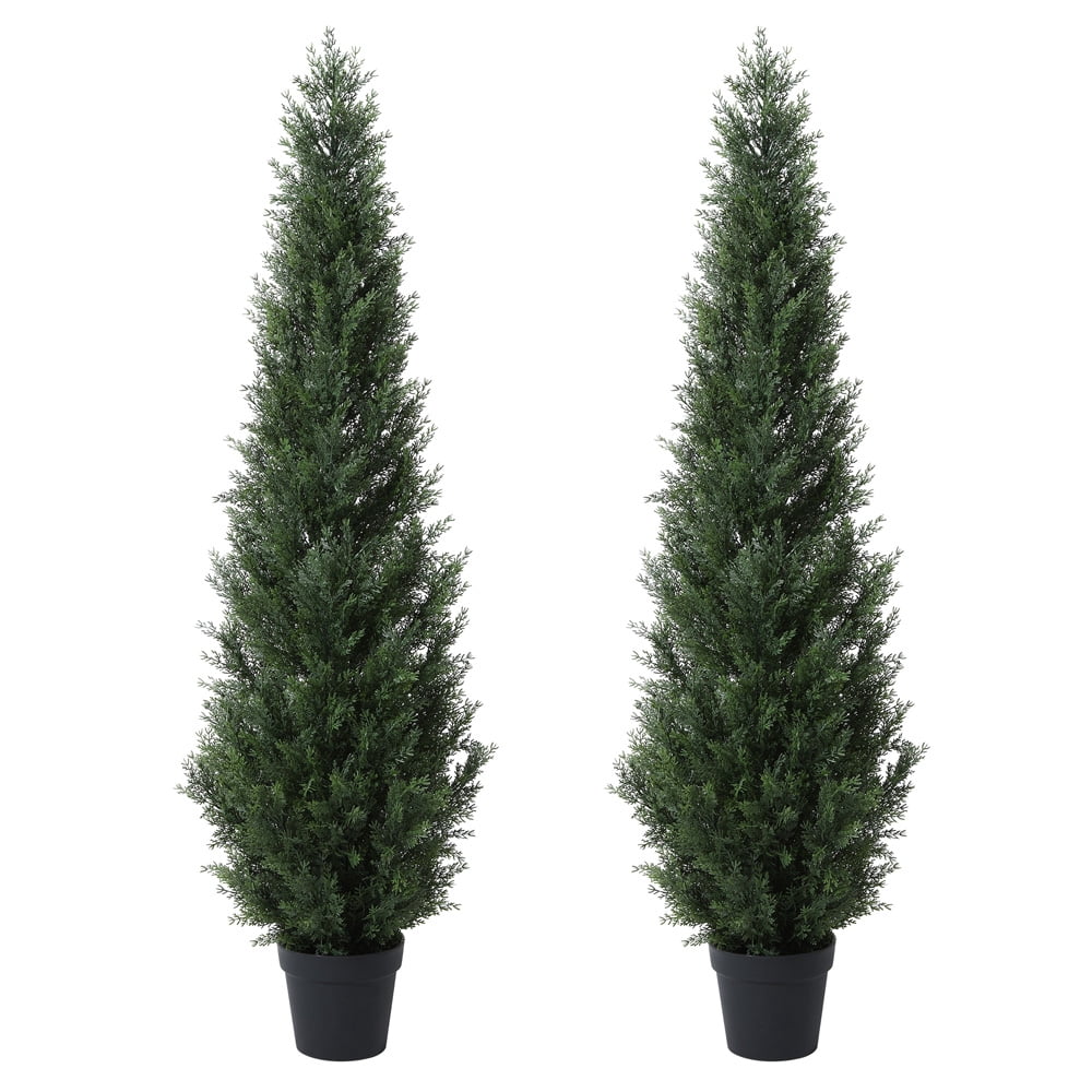 DR.Planzen 2 Pack 5 FT Artificial Cedar Tree with 1609 PE Leaves, Indoor Faux Topiary Cedar Tree, Potted Fake Tree - Adjustable Branches - Slim Decor for Entryway & Covered Porch