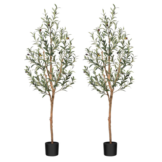 DR.Planzen 2 Pack 5ft Artificial Olive Tree Indoor, Tall Faux Olive Tree, Artificial Plants with Natural Wood Trunk and Lifelike Fruits for Home Office Decor