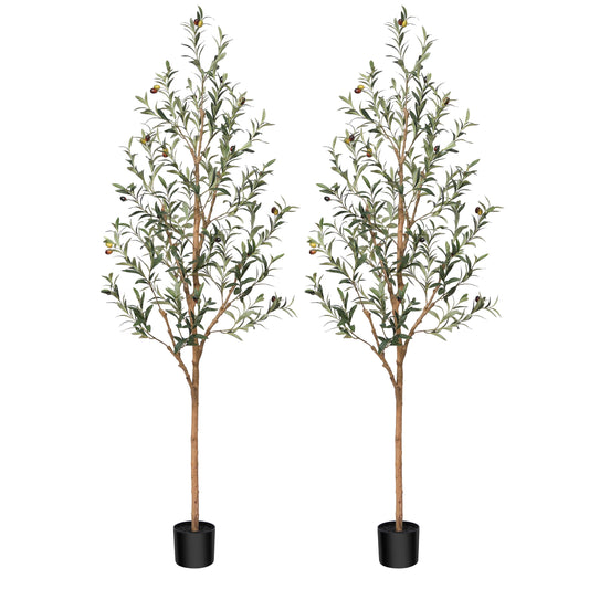 DR.Planzen 2 Pack 6ft Artificial Olive Tree Indoor, Tall Faux Olive Tree, Artificial Plants with Natural Wood Trunk and Lifelike Fruits for Home Office Decor