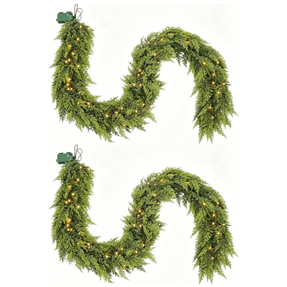 DR.Planzen 2 Pack 6FT Artificial Norfolk Pine Garland with LED Lights, 1200 PE Tips Prelit Christmas Garland, Lighted Artificial Pine Garland - 100 Warm White LEDs for Mantel Fireplace Table