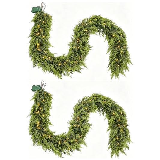 DR.Planzen 2 Pack 6FT Artificial Norfolk Pine Garland with LED Lights, 1200 PE Tips Prelit Christmas Garland, Lighted Artificial Pine Garland - 100 Warm White LEDs for Mantel Fireplace Table