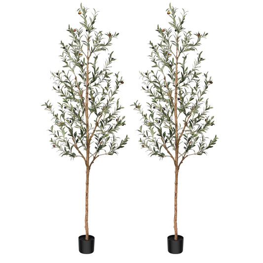 DR.Planzen 2 Pack 7ft Artificial Olive Tree Indoor, Tall Faux Olive Tree, Artificial Plants with Natural Wood Trunk and Lifelike Fruits for Home Office Decor