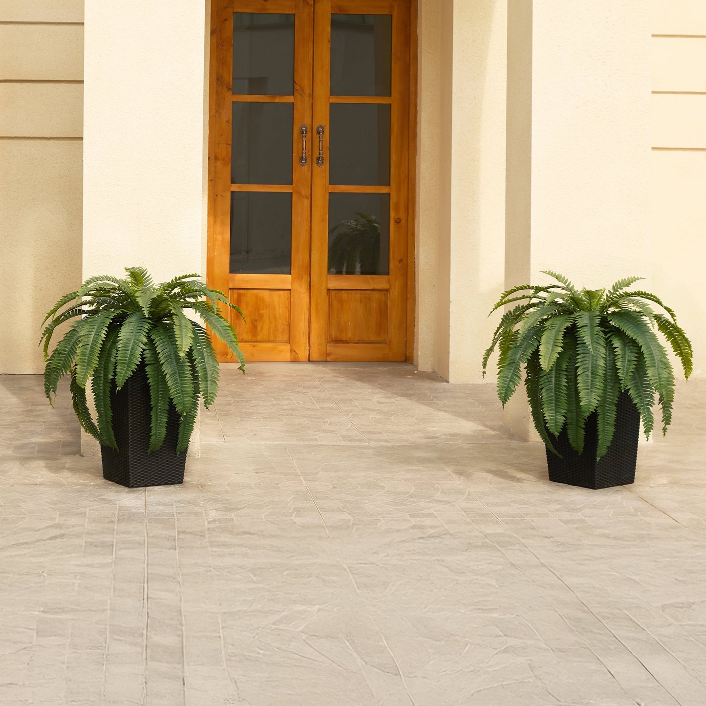 DR.Planzen 2 Pack Artificial Boston Fern Bush Plant with Black Tapered Planter - UV Resistant Faux Ferns with 39 Leaves