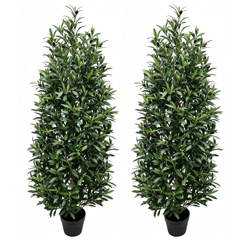 DR.Planzen 2 Pack 5 FT Artificial Olive Topiary Tree in Black Pot, Faux Olive Tree with 2378 Leaves, 114 Fruits, Fake Potted Olive Plant for Living Room Office Decor