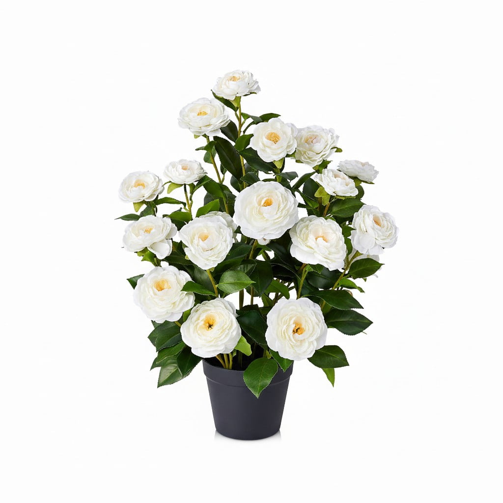 DR.Planzen 2 ft Artificial Camellia Tree, Faux Camellia Plant in Pot, 24in Full White Blooms, 28 flowers & 175 leaves - indoor/outdoor decor for Entryway Front Door Covered Porch Living Room Wedding