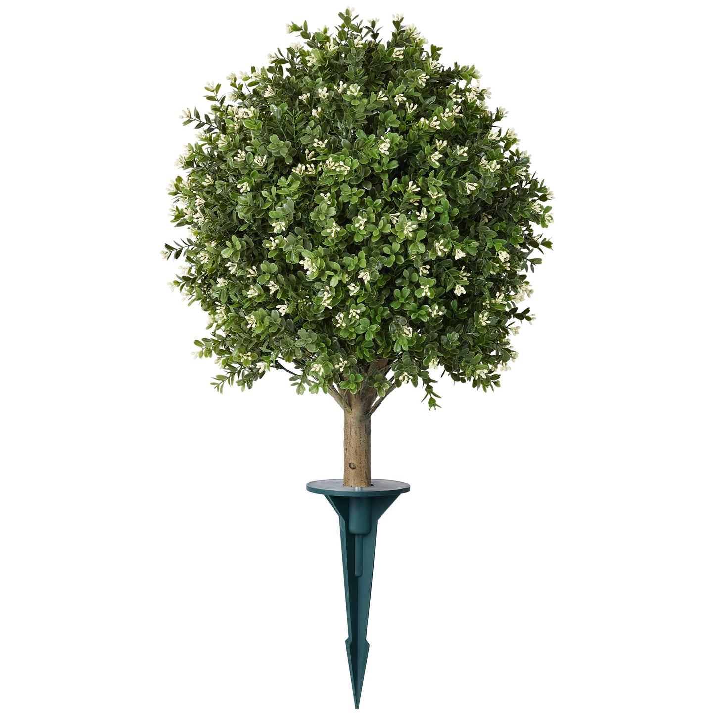 DR.Planzen 20'' Artificial Boxwood Topiary Ball Plant with White Flowers, Fake Flowering Shrub with Ground Spike, UV Resistant Faux Outdoor Greenery for Garden Porch Decor