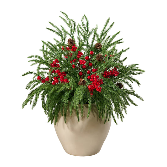 DR.Planzen 22" Red Berry & Pinecone Artificial Christmas Plant in Decorative Pot, Realistic Norfolk Pine Centerpiece with 300 PE Leaves, Indoor Holiday Tabletop Decor