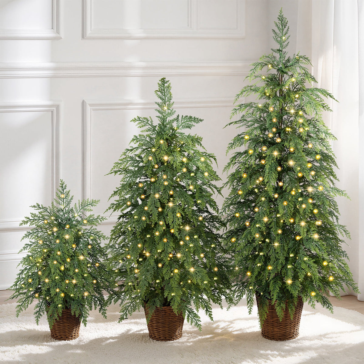 DR.Planzen 24/36/48 Inch Pre-Lit Cypress Topiary Set, 3 Pack Artificial Xmas Trees with Woven Baskets & Breathing LEDs, Indoor Home Decor
