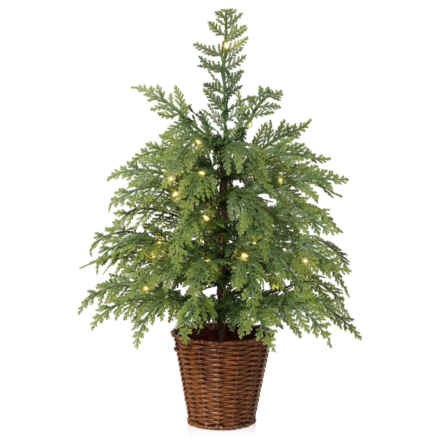 DR.Planzen 24" Pre-Lit Green Cypress Artificial Christmas Tree with 30 Warm White LED Lights, Mini Tabletop Xmas Tree in Woven Basket Base, Indoor Holiday Decoration