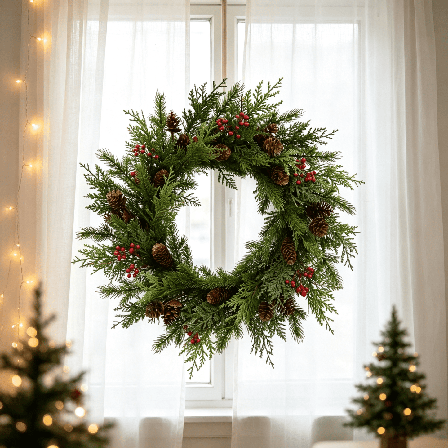 DR.Planzen 26" Artificial Pine & Berry Centerpiece in Brown Ring Base, Realistic PE Foliage with Red Berries & Pine Cones for Indoor Tabletop Holiday Decor