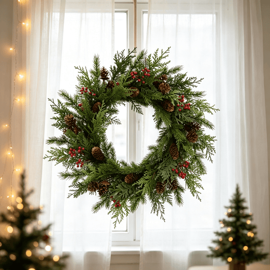 DR.Planzen 26" Artificial Pine & Berry Centerpiece in Brown Ring Base, Realistic PE Foliage with Red Berries & Pine Cones for Indoor Tabletop Holiday Decor