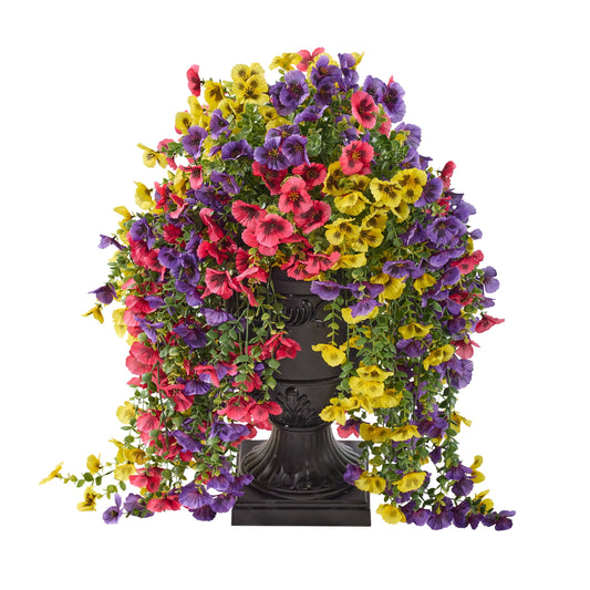 26in Artificial Pansy Flowers, Faux Hanging Flowers, Fake Outdoor Flowers, Pansy Arrangement - 660 Blooms in Black Urn Planter - Spring Decor for Covered Porch Patio Entryway