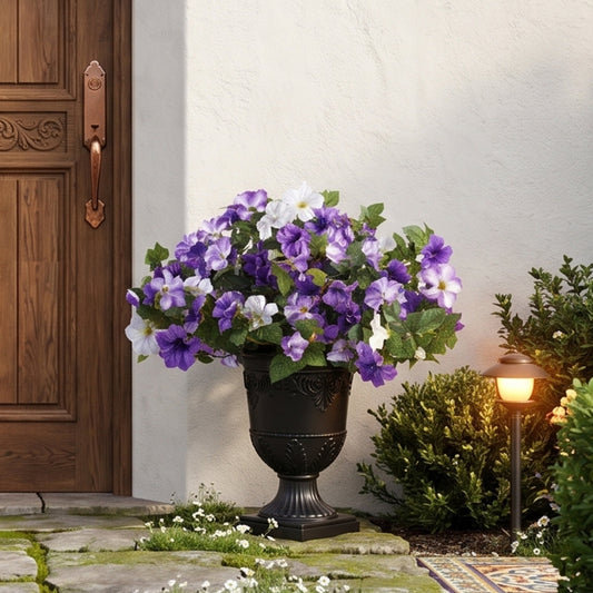 28in Artificial Morning Glory Flowers Faux Flowers Potted Plants Porch Decor - 81 Purple White Blooms in Black Urn Planter - Indoor Covered Porch Decor for Entryway Patio Home Office