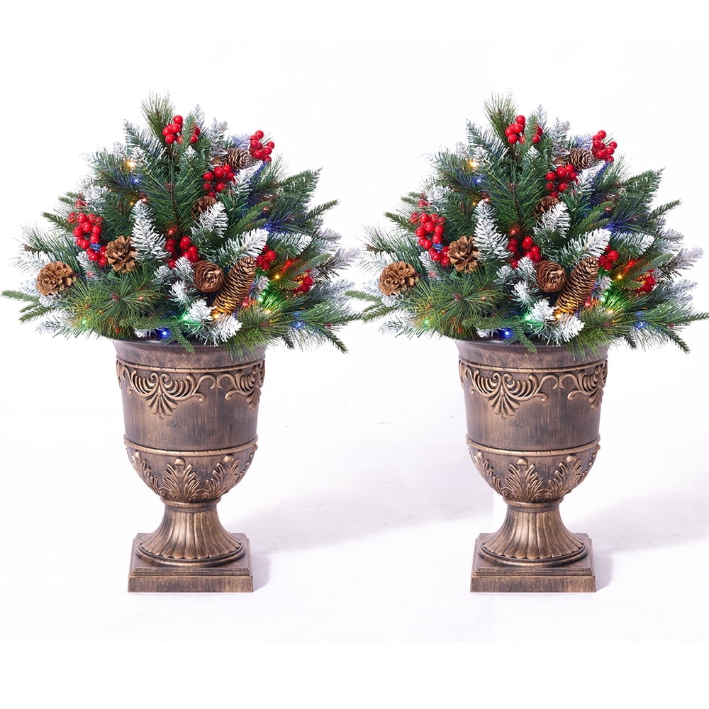 DR.Planzen 2 Pack 28in Pre-Lit Mini Artificial Christmas Tree with Urn Base, 8 Lighting Modes LED, Flocked Branches with Pinecones Red Berries for Front Porch Entrance Home Holiday Decorations