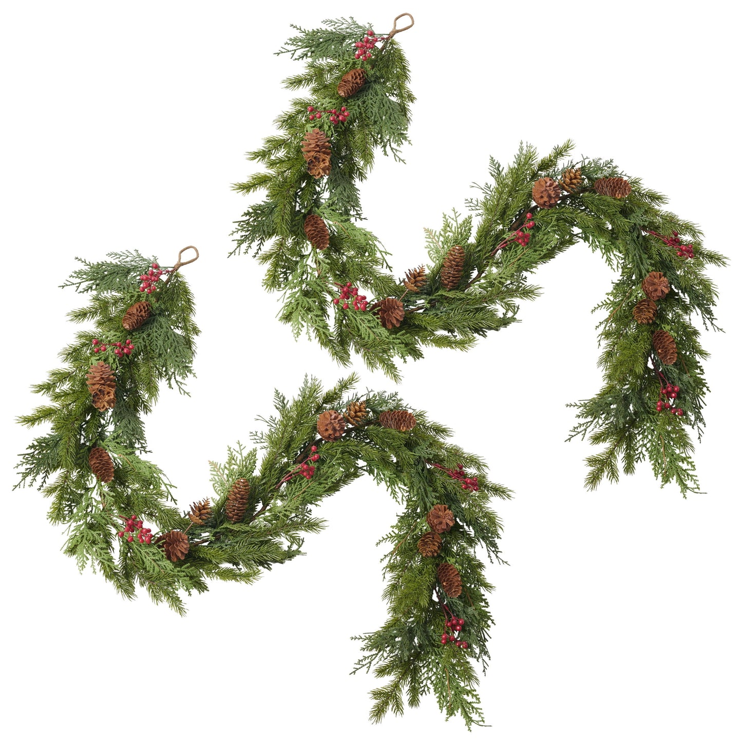 DR.Planzen 2Pack 6ft Artificial Pine & Berry Foliage Spray with Red Cones, Long Flexible Greenery Garland for DIY Christmas Tree Filler, Wreaths & Vase Filler