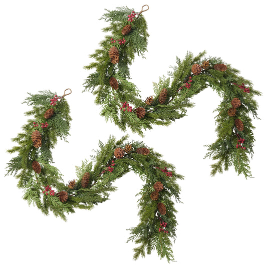 DR.Planzen 2Pack 6ft Artificial Pine & Berry Foliage Spray with Red Cones, Long Flexible Greenery Garland for DIY Christmas Tree Filler, Wreaths & Vase Filler