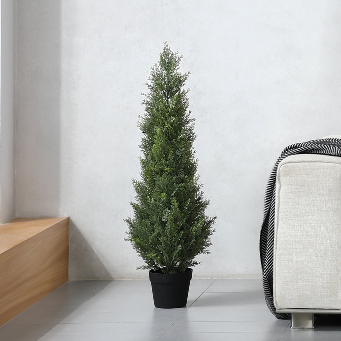DR.Planzen 3 FT Artificial Cedar Tree with 699 PE Leaves, Indoor Faux Topiary Cedar Tree, Potted Fake Tree - Adjustable Branches - Slim Decor for Entryway & Covered Porch