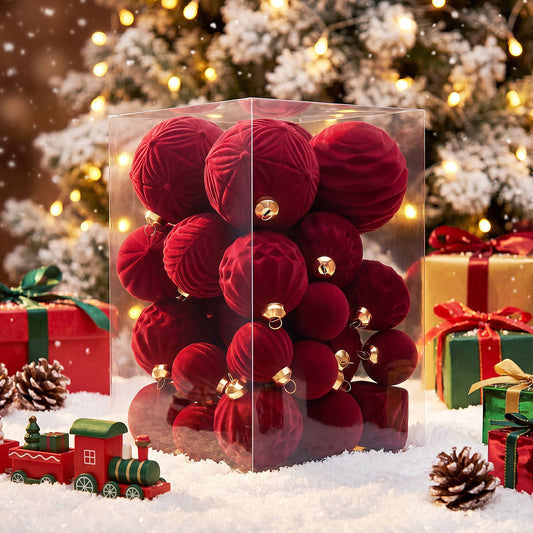 DR.Planzen 30ct Assorted Sizes Wine Red Flocked Christmas Ornaments, Mixed 3" & 2" & 1.5" Shatterproof Holiday Balls for Indoor Tree Decor