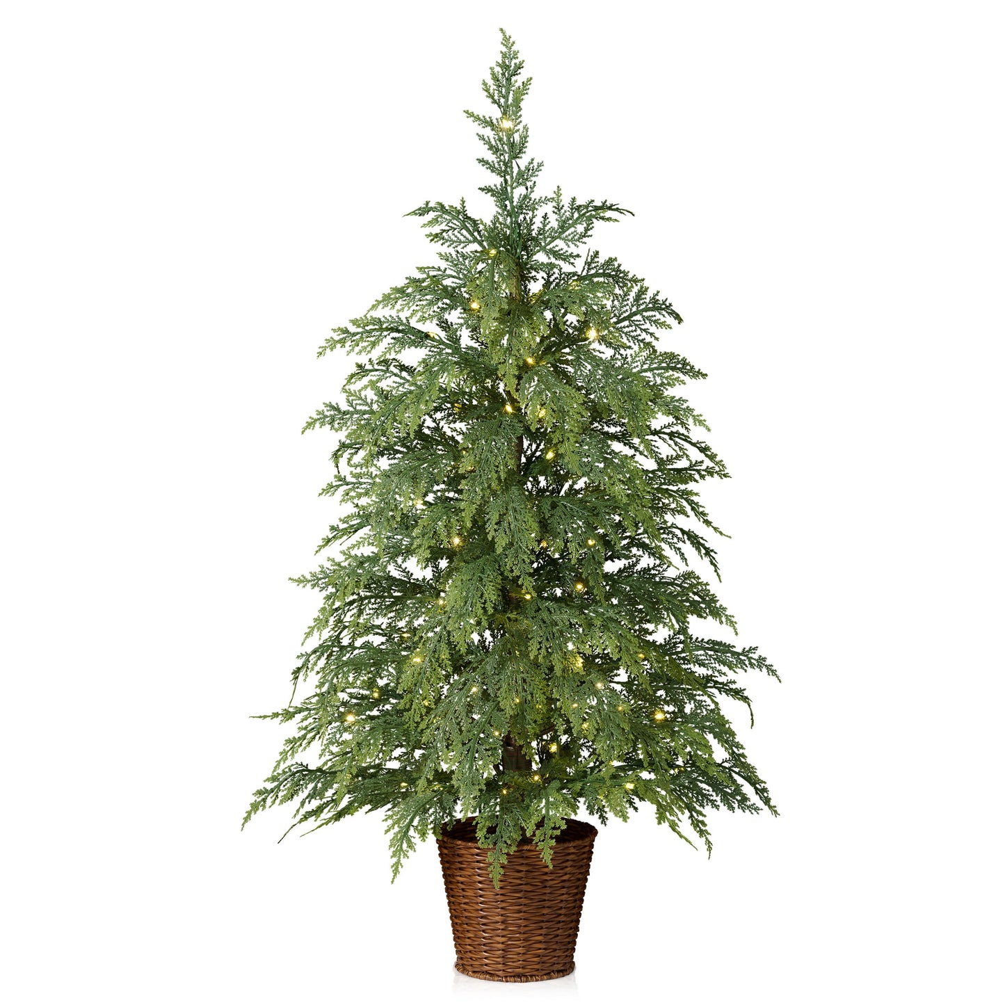 DR.Planzen 36" Pre-Lit Green Cypress Artificial Christmas Tree with 70 Warm White Twinkle LED Lights, Mini Tabletop Xmas Tree in Woven Basket Base, Indoor Desktop Holiday Decor