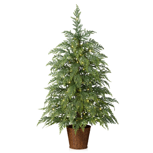 DR.Planzen 36" Pre-Lit Green Cypress Artificial Christmas Tree with 70 Warm White Twinkle LED Lights, Mini Tabletop Xmas Tree in Woven Basket Base, Indoor Desktop Holiday Decor