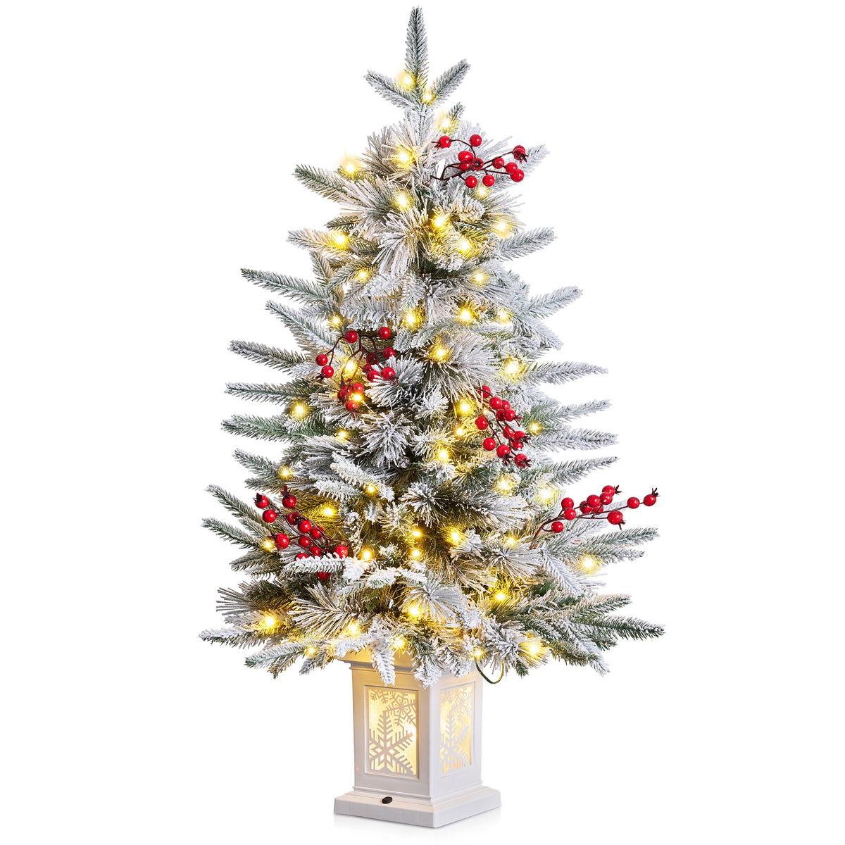 DR.Planzen 3FT Pre-Lit Artificial Christmas Tree with Warm White Lights, Red Berries and White Base, Indoor Holiday Decoration