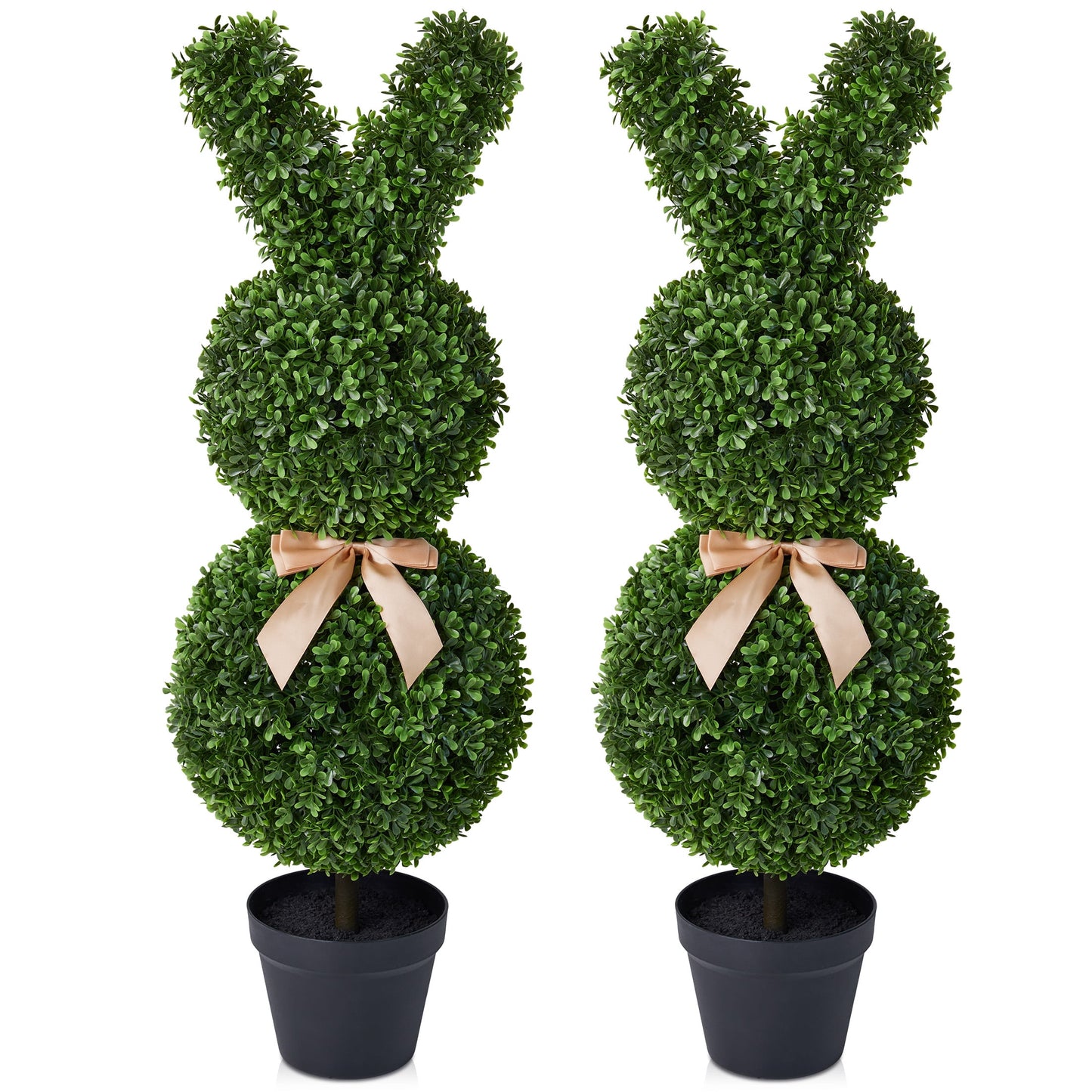 DR.Planzen 3ft Easter Rabbit Shaped Topiary Trees, High Artificial Boxwood with Swaying Ears & Brown Bow Tie, UV-Resistant for Indoor & Outdoor Decor, Set of 2