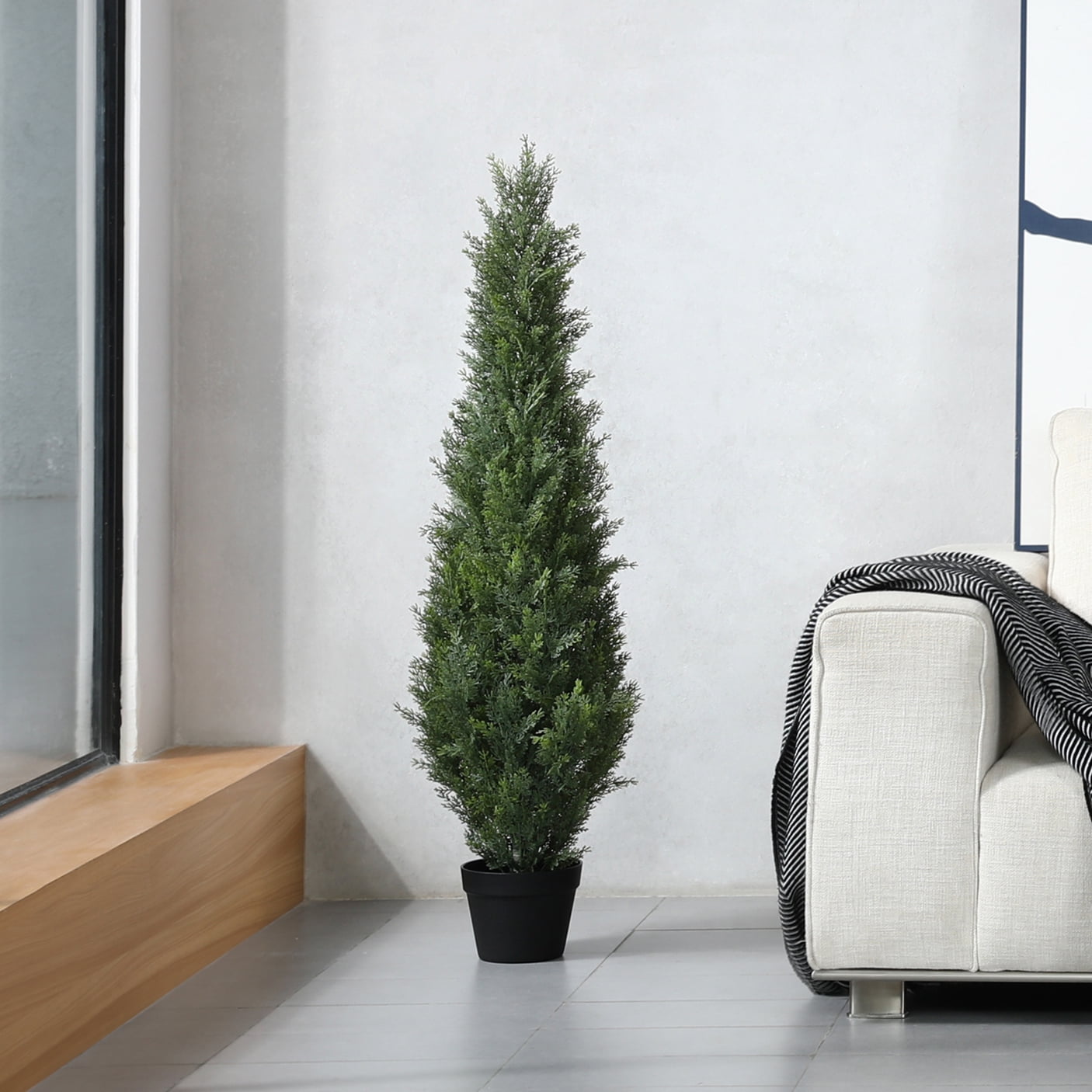 DR.Planzen 4 FT Artificial Cedar Tree with 1050 PE Leaves, Indoor Faux Topiary Cedar Tree, Potted Fake Tree - Adjustable Branches - Slim Decor for Entryway & Covered Porch