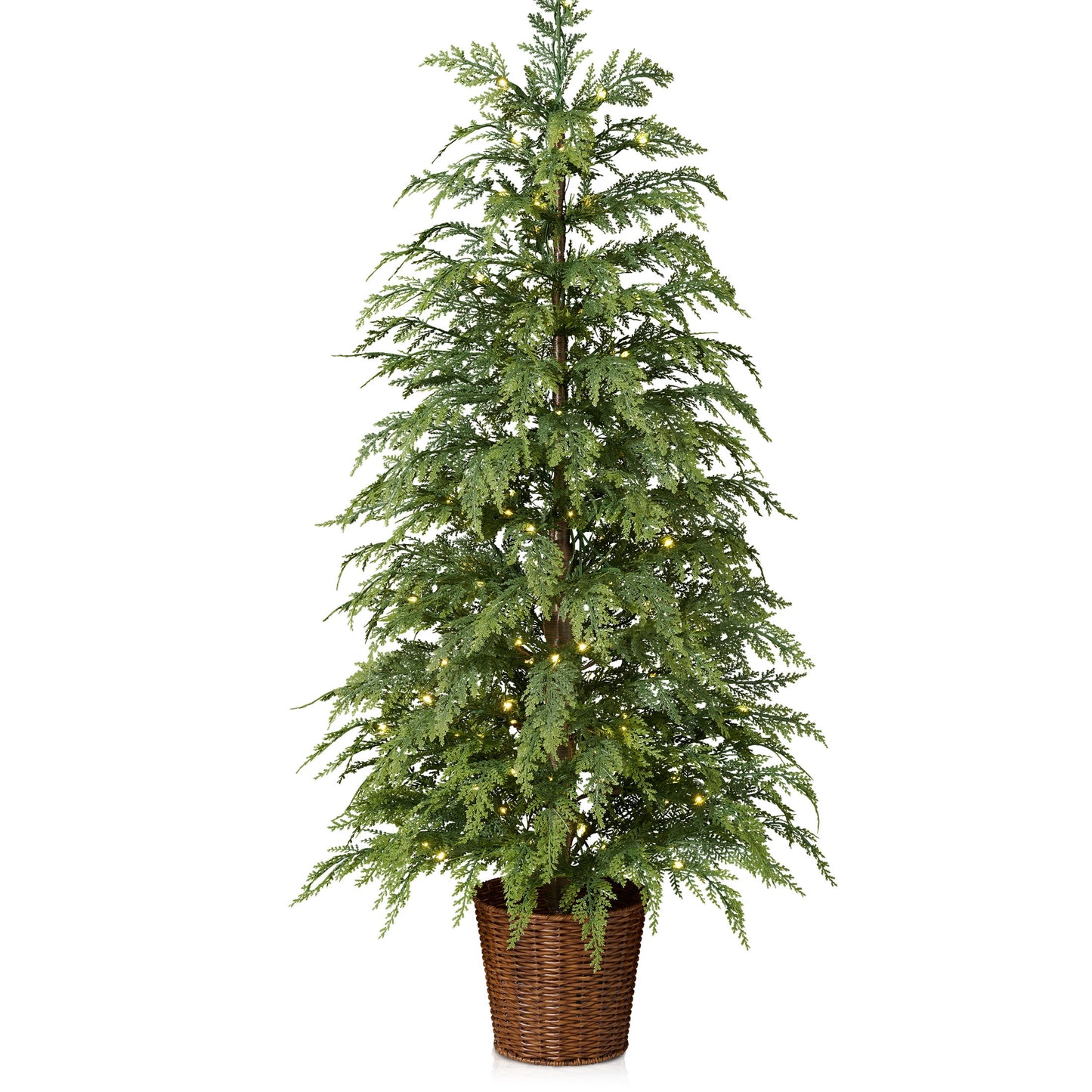 DR.Planzen 4' Pre-Lit Green Cypress Artificial Christmas Potted Tree with 100 Warm White Twinkle LED Lights, Indoor Tabletop Holiday Decoration in Woven Basket Base