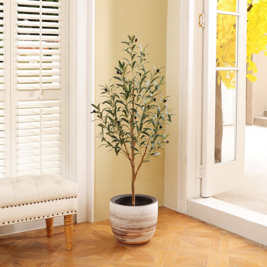 DR.Planzen Exquisite Artificial Olive Tree 4 ft Indoor Outdoor, Tall Faux Olive Tree in Black Plastic Pot, Artificial Plants with Natural Wood Trunk and Lifelike Fruits for Home Office Garden Decor