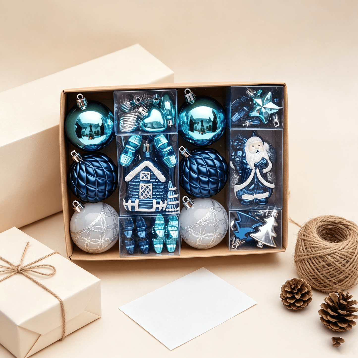 DR.Planzen 44ct Blue & White Christmas Ornaments Set, Assorted 2.36" & 1.18" Embossed Glazed Holiday Balls with Snowflakes & Stars, Indoor Winter Decor