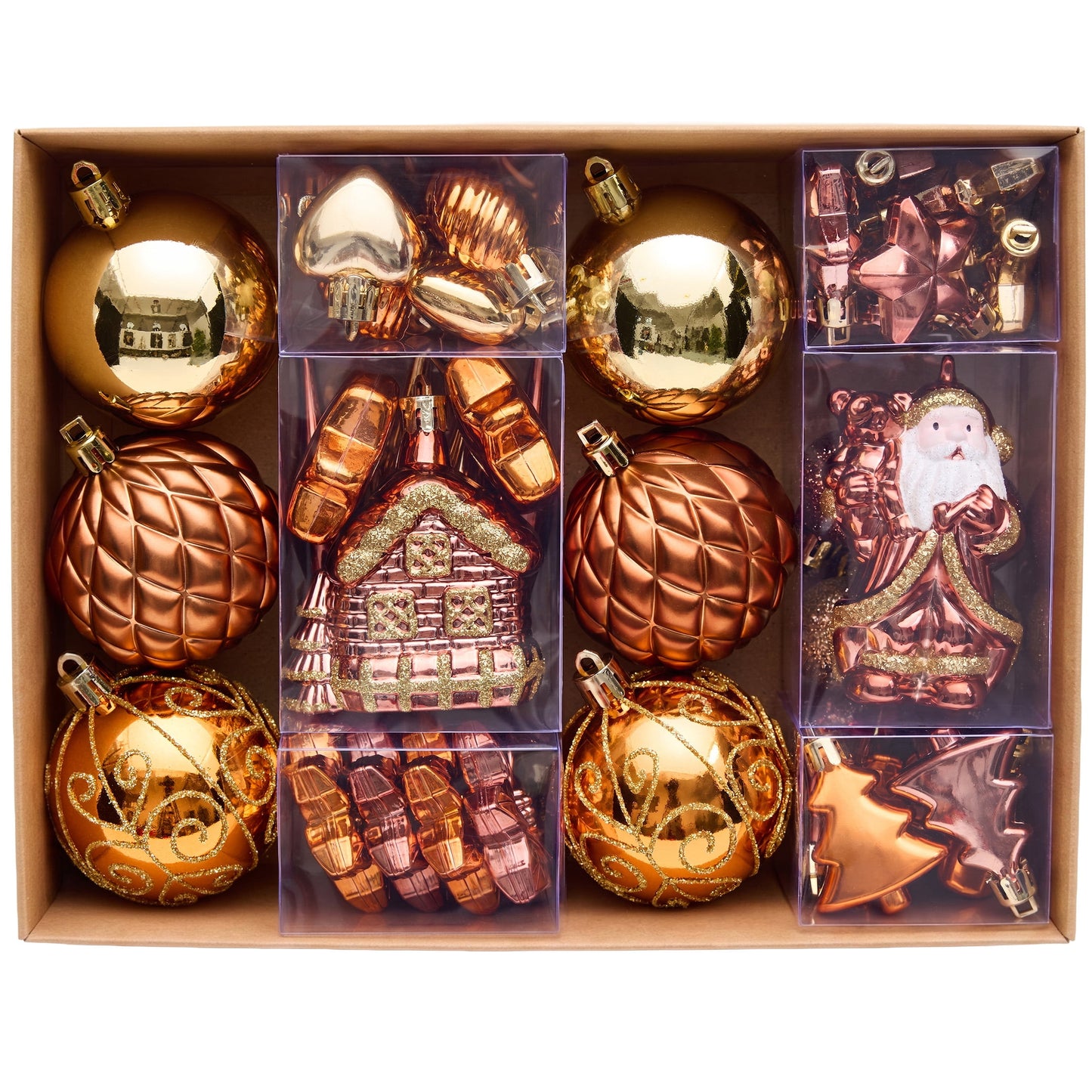 DR.Planzen 44ct Brown Gold & White Christmas Ornaments Set, Assorted 2.36" & 1.18" Embossed Glazed Holiday Balls with Trees & Hearts, Indoor Rustic Decor