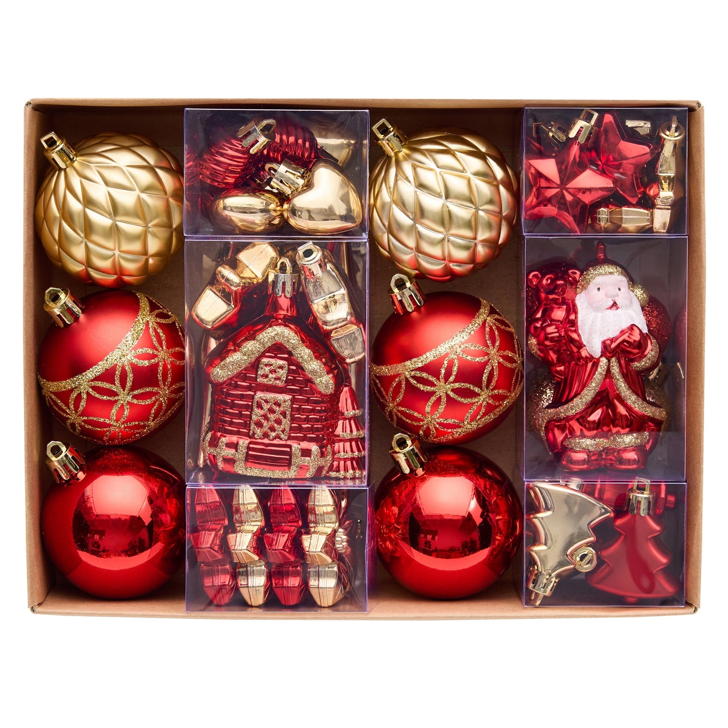 DR.Planzen 44ct Red Gold & White Christmas Ornaments Set, Assorted 2.36" & 1.18" Embossed Glazed Holiday Balls with Santa & Houses, Indoor Xmas Decor