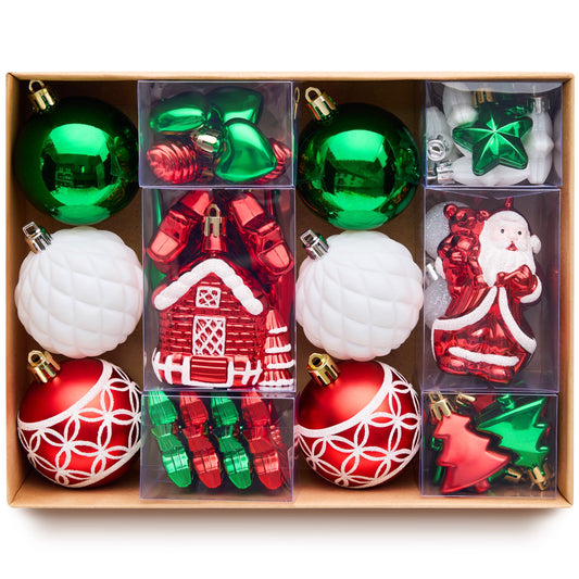 DR.Planzen 44ct Red Green & White Christmas Ornaments Set, Assorted 2.36" & 1.18" Embossed Glazed Holiday Balls with Snowflakes & Houses, Indoor Xmas Decor