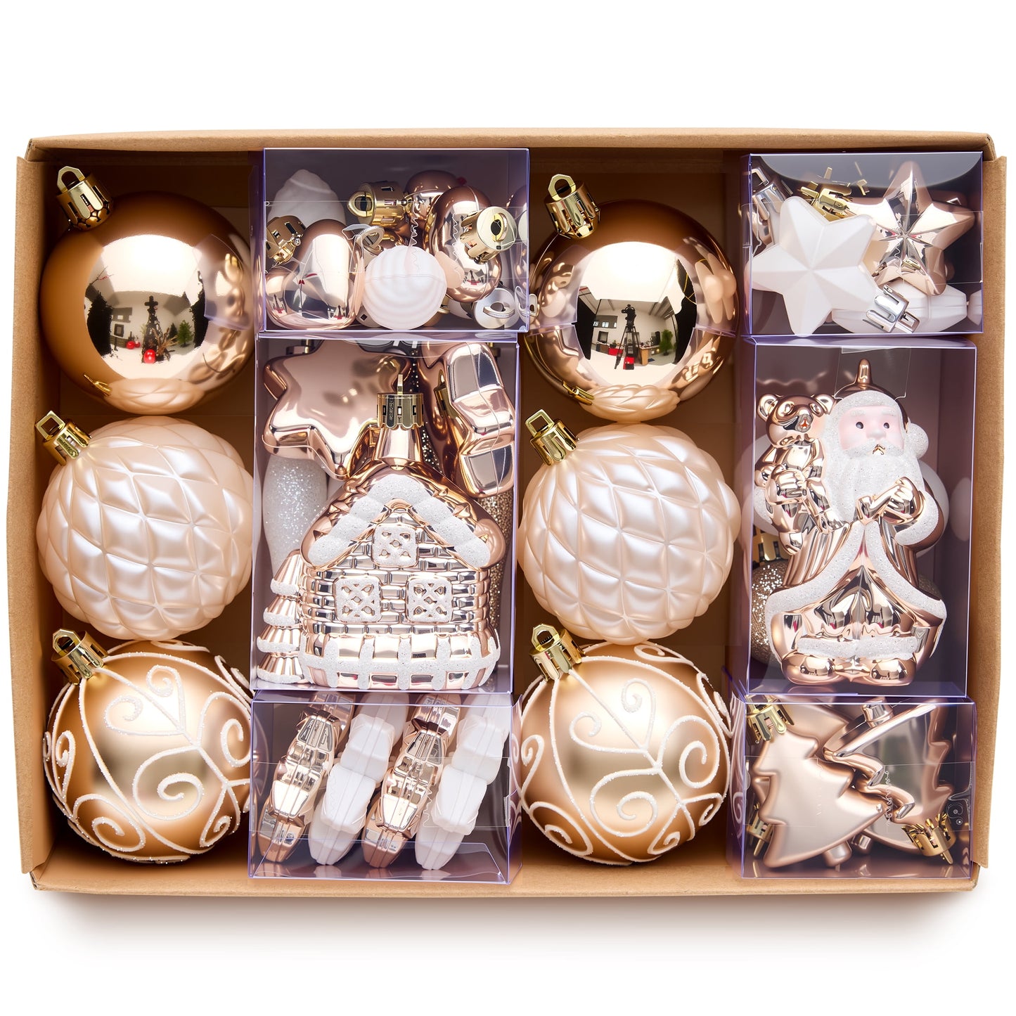 DR.Planzen 44ct Rose Gold & White Christmas Ornaments Set, Assorted 2.36" & 1.18" Embossed Glazed Holiday Balls with Snowflakes & Stars, Trendy Indoor Decor
