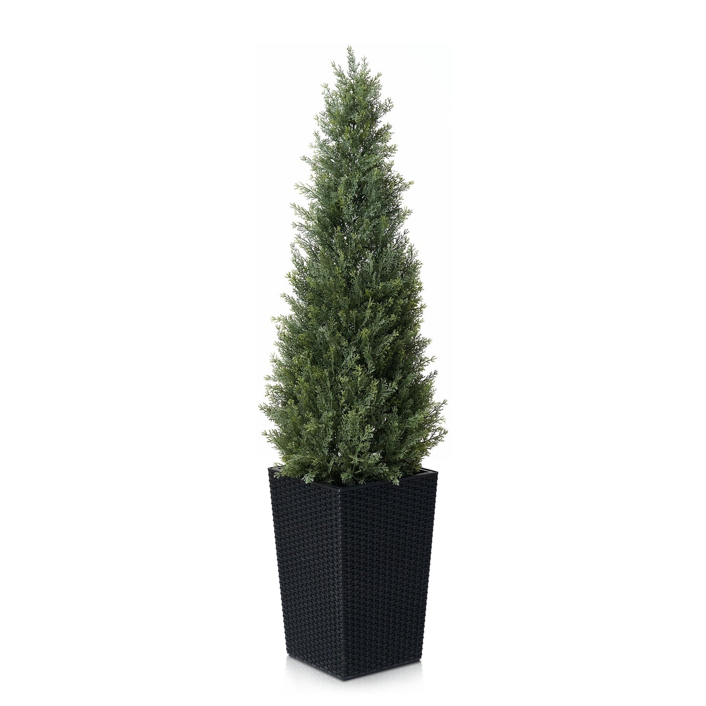 DR.Planzen 4ft Artificial Cedar Topiary Tree with Black Planter - UV Resistant Faux Cypress Tree for Porch Decor Fake Pine Tree for Perfect Housewarming Gift