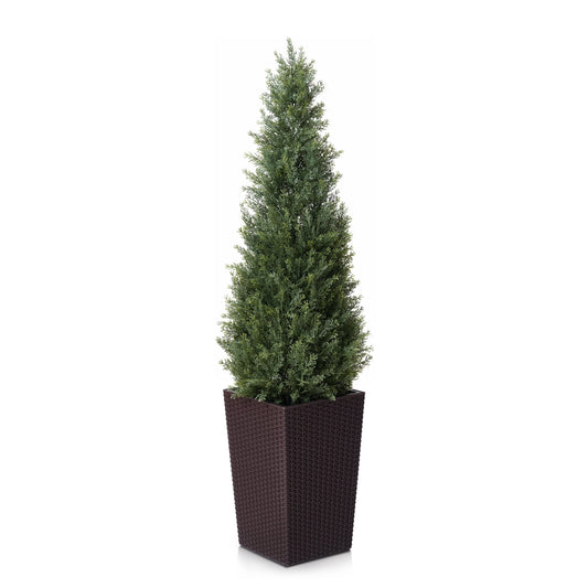DR.Planzen 4ft Artificial Cedar Topiary Tree with Brown Planter - UV Resistant Faux Cypress Tree for Porch Decor Fake Pine Tree for Perfect Housewarming Gift
