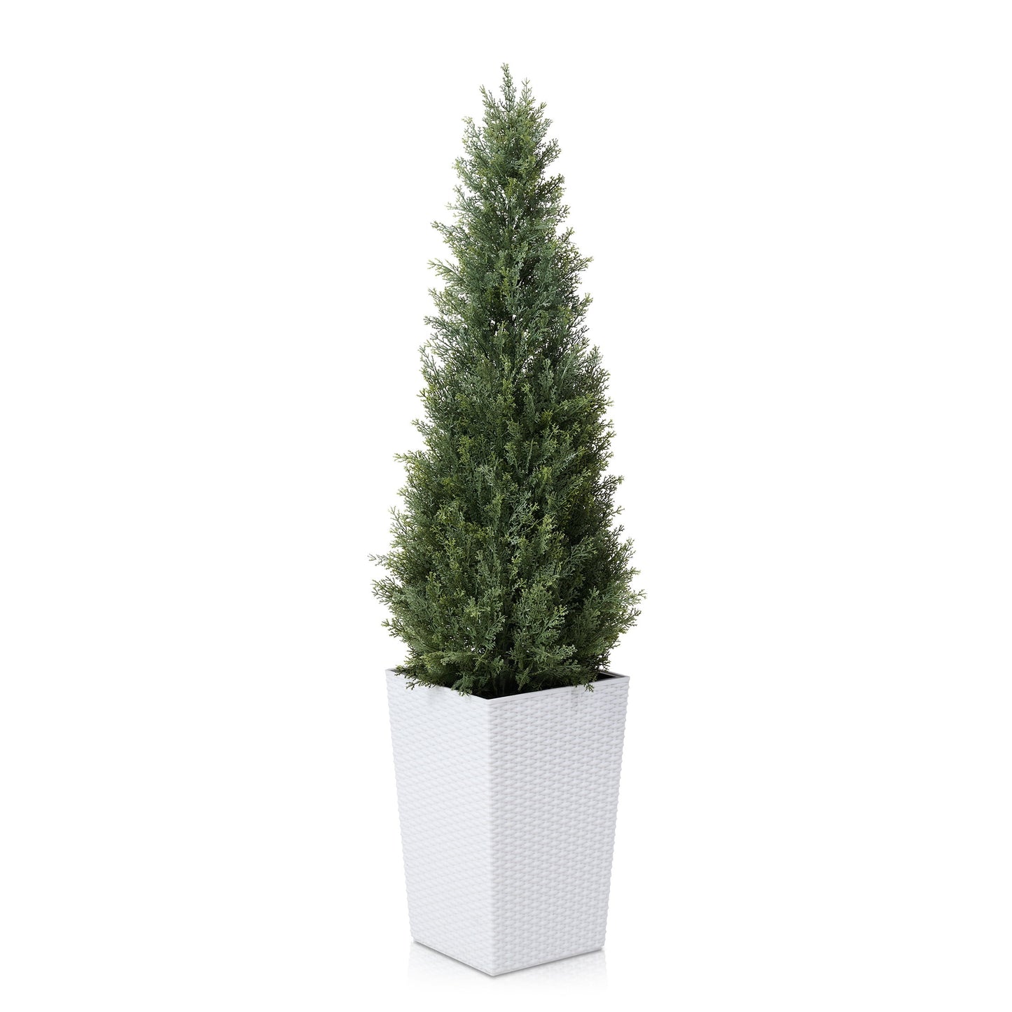 DR.Planzen 4ft Artificial Cedar Topiary Tree with White Planter - UV Resistant Faux Cypress Tree for Porch Decor Fake Pine Tree for Perfect Housewarming Gift