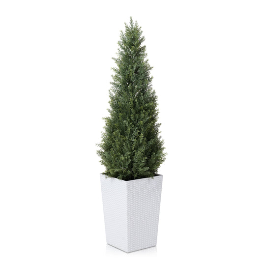 DR.Planzen 4ft Artificial Cedar Topiary Tree with White Planter - UV Resistant Faux Cypress Tree for Porch Decor Fake Pine Tree for Perfect Housewarming Gift
