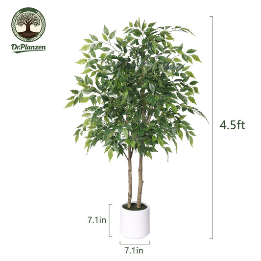 DR.Planzen 4.5ft Artificial Ficus Tree with White Planter, Tall Faux Ficus Tree, Artificial Plants for Home Office Decor