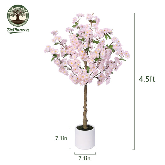 DR.Planzen 4.5ft Artificial Cherry Blossom Tree with White Planter, Tall Faux Flower Tree, Artificial Plants for Home Office Decor