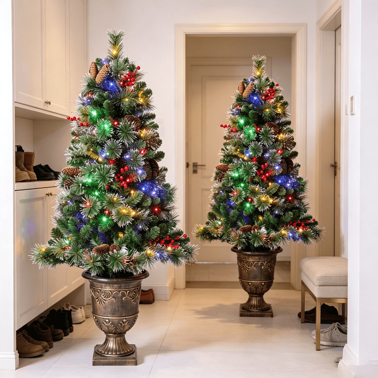 DR.Planzen 4ft Pencil Artificial Christmas Tree with Red Berries, Pine Cones & Flocked Branches, Pre-Decorated Slim Xmas Tree in Decorative Vase, Indoor Tabletop Holiday Decor, 2 Pack
