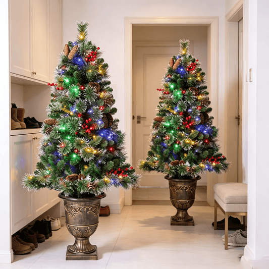 DR.Planzen 4ft Pencil Artificial Christmas Tree with Red Berries, Pine Cones & Flocked Branches, Pre-Decorated Slim Xmas Tree in Decorative Vase, Indoor Tabletop Holiday Decor, 2 Pack
