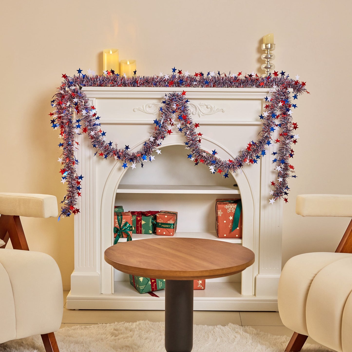 DR.Planzen 4th of July Garland, 2 PCS 9FT Red White Blue Glitter Garland, Patriotic Tinsel Garland with Stars for Memorial Day, Outdoor Indoor Party Decorations