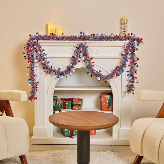 DR.Planzen 4th of July Garland, 4 PCS 9FT Red White Blue Glitter Garland, Patriotic Tinsel Garland with Stars for Memorial Day, Outdoor Indoor Party Decorations