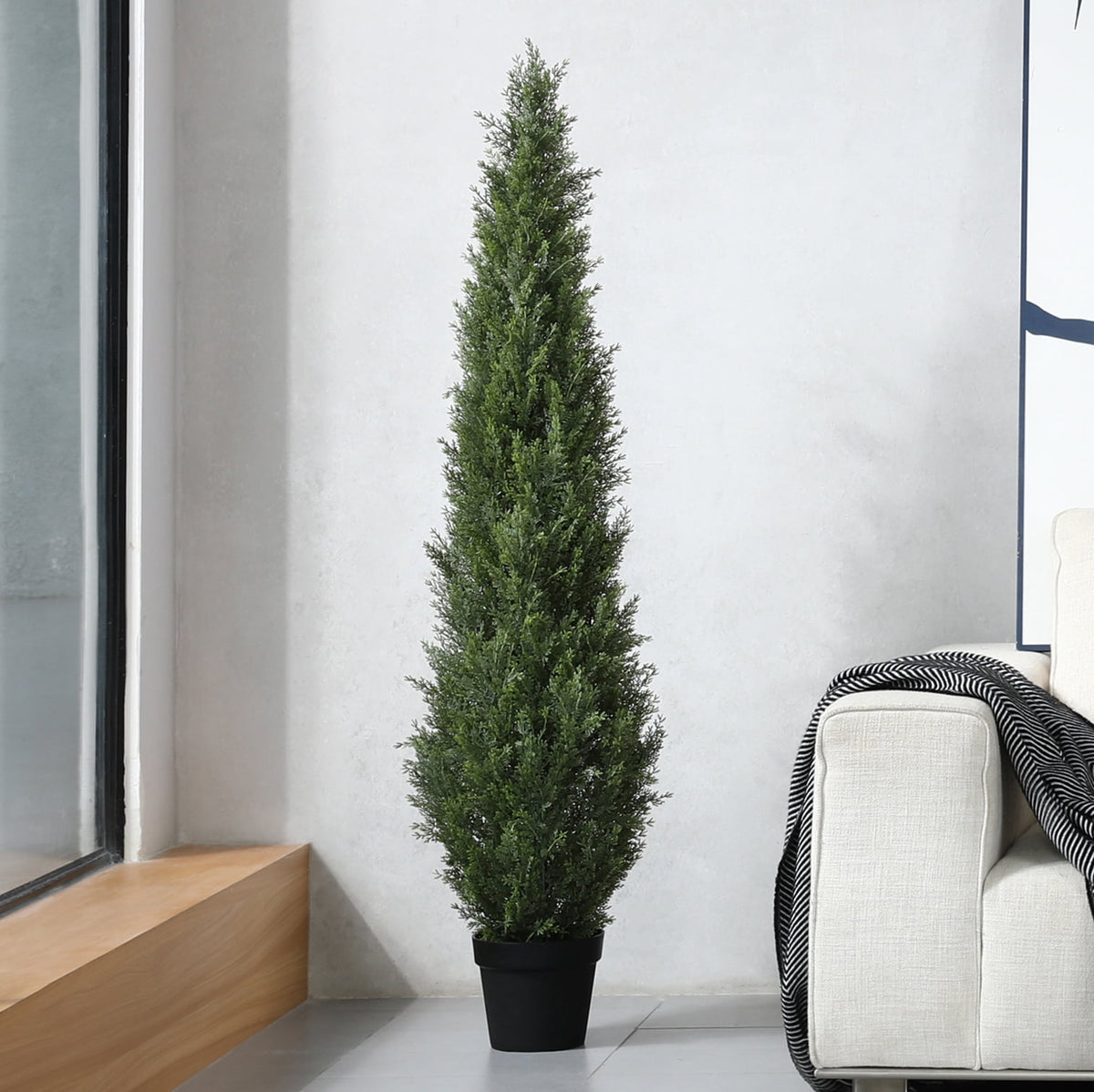 DR.Planzen 5 FT Artificial Cedar Tree with 1609 PE Leaves, Indoor Faux Topiary Cedar Tree, Potted Fake Tree - Adjustable Branches - Slim Decor for Entryway & Covered Porch