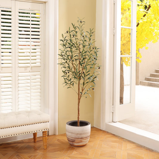 DR.Planzen Exquisite Artificial Olive Tree 5 ft Indoor Outdoor, Tall Faux Olive Tree in Black Plastic Pot, Artificial Plants with Natural Wood Trunk and Lifelike Fruits for Home Office Garden Decor