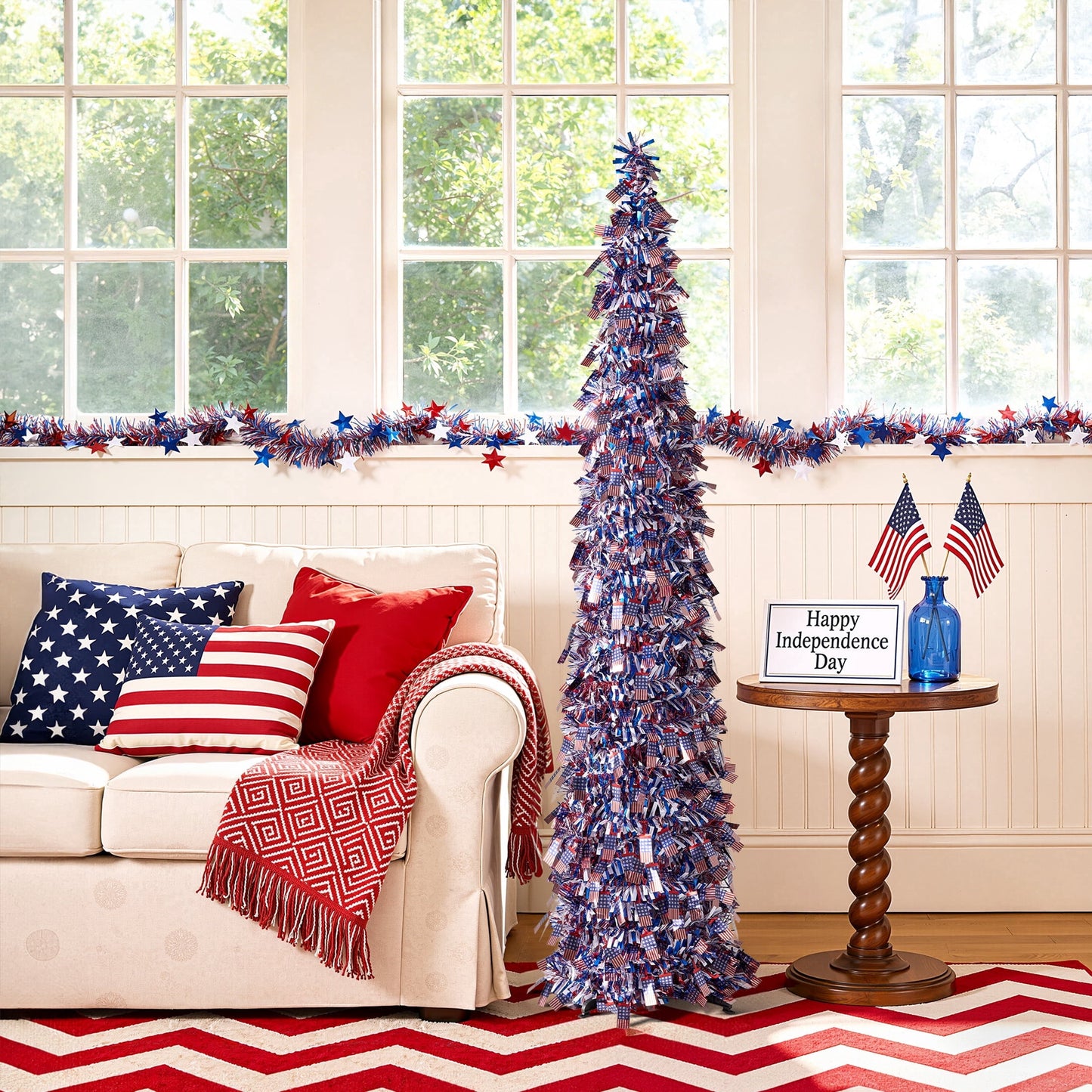 DR.Planzen 4th of July 5FT Patriotic Flag Decorative Tree, Independence Day Pop up Tree with Small Flags for Indoor Outdoor Party Decor