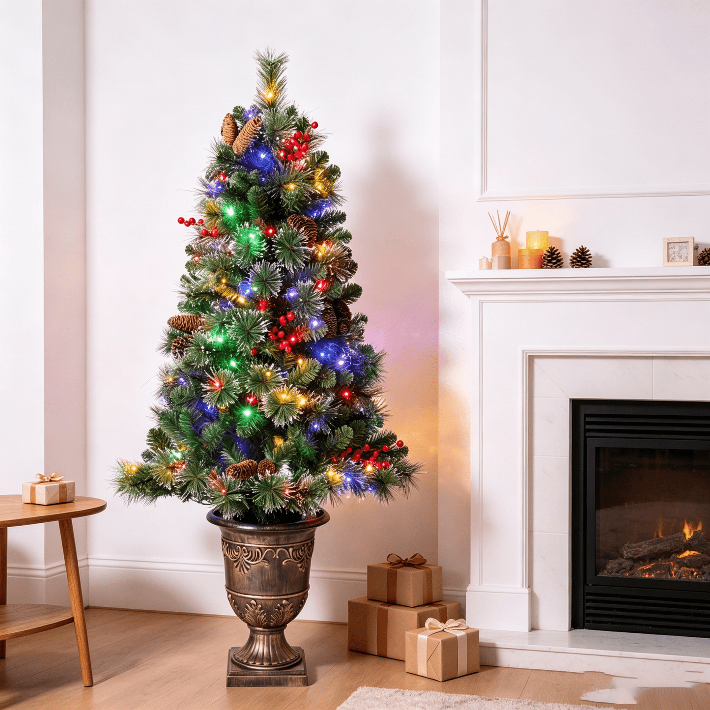 DR.Planzen 5ft Pencil Artificial Christmas Tree with Red Berries, Pine Cones & Flocked Branches, Pre-Decorated Slim Xmas Tree in Decorative Vase, Indoor Floor Holiday Decor, 1 Pack