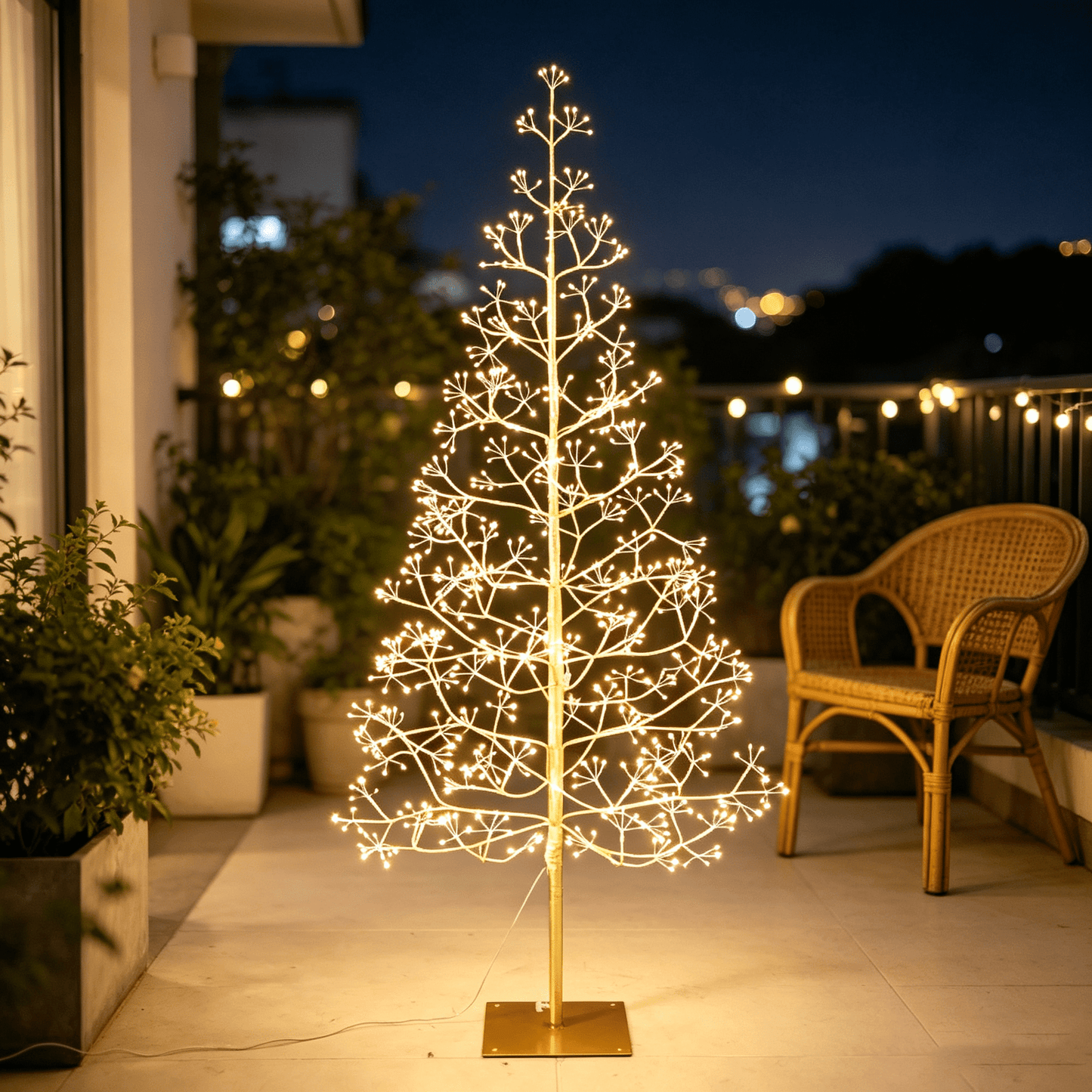 DR.Planzen 5ft Pre-Lit Starburst Artificial Christmas Tree with 650 Warm White Twinkling LED Lights, Slim Gold Tinsel Xmas Tree with Metal Base, Indoor Outdoor Holiday Decor