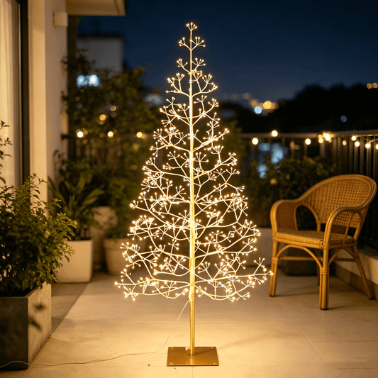DR.Planzen 5ft Pre-Lit Starburst Artificial Christmas Tree with 650 Warm White Twinkling LED Lights, Slim Gold Tinsel Xmas Tree with Metal Base, Indoor Outdoor Holiday Decor